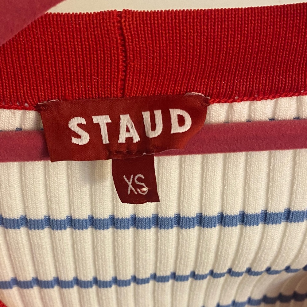 STAUD Shoko White and Blue Striped Sweater Dress with Red Accents - Picture 2 of 6